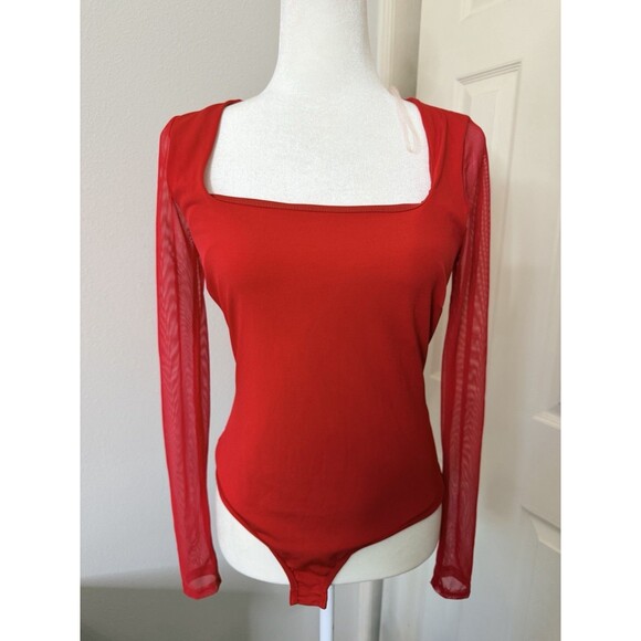 Windsor Tops - Windsor Women’s Square Neck Long Sleeve Red Bodysuit Size M